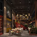 Industrial Style Café Interior With Brick Walls Colorful Tables And Pendant Lights