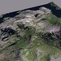 3D Terrain Model With Mountainous Landscape Green Vegetation And Water Areas