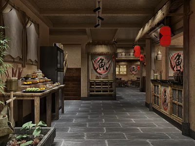 Traditional Chinese Restaurant Interior With Wooden Decor Red Lanterns And Fish Character Wall Hangings 3d model