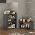 Organized Kitchen Dinnerware Set With Glass Bottles And Jars On Black Storage Shelves