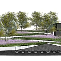 Plaza Landscape Design With Trees Green Grass Winding Paths Black Structure And Seating Area 3d model