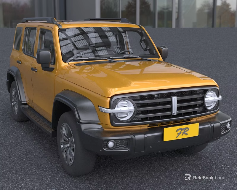 Yellow Retro Style SUV With Tough Design Black Accents Front Grille And Round Headlights 3d model 