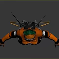Futuristic Female Character In Orange Black Combat Suit With Green Headgear And Mechanical Wings