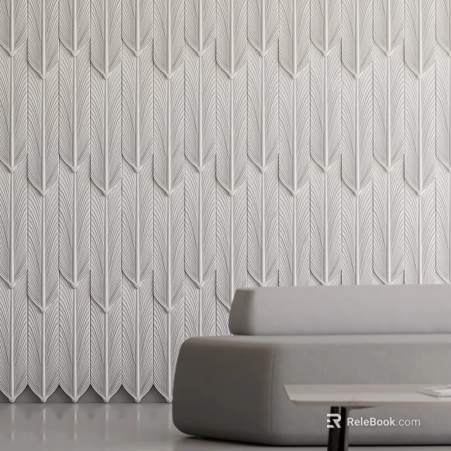 Modern Textured White Leaf Relief Pattern Sofa Background Wall With Light Gray Sofa 3d model 