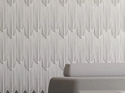 Modern Textured White Leaf Relief Pattern Sofa Background Wall With Light Gray Sofa 3d model