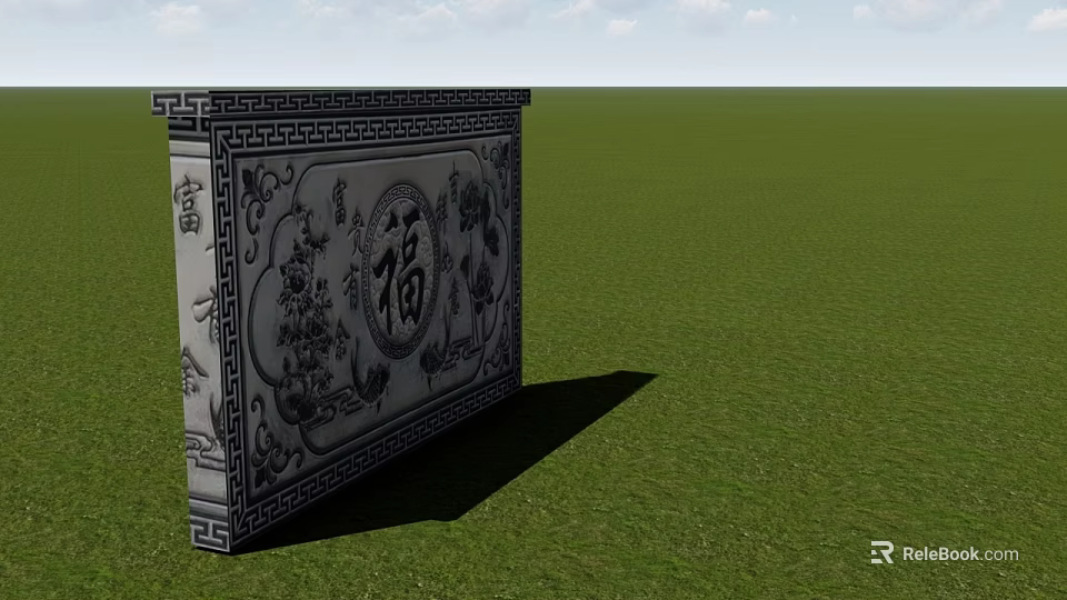 Chinese Style Stone Garden Ornament With Fu Character And Traditional Patterns On Green Grass 3d model 