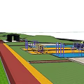 Scenic Park Landscape with Colorful Trees Green Grass Steps and People Walking Under Blue Sky