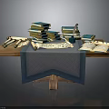 Vintage Study Table Setup With Stacked Books Ancient Scrolls Open Books And Blue Tablecloth