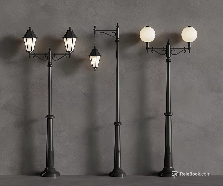 Black Outdoor Light Posts Featuring Classic Lampshade and Modern Globe Designs 3d model 