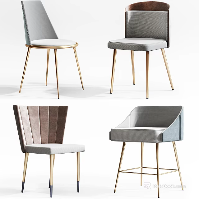 Modern Dining Chairs With Various Designs Gray Upholstery Brown Accent And Gold Metal Legs 3d model 