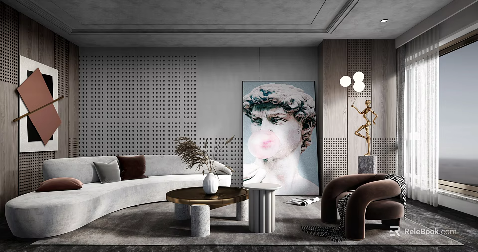 Modern Curved Sofa And Coffee Table Set With Artwork Floor Lamp Throw Pillows And Sculpture 3d model 