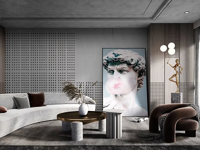 Modern Curved Sofa And Coffee Table Set With Artwork Floor Lamp Throw Pillows And Sculpture 3d model