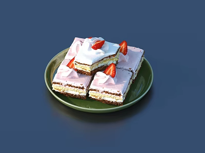 Square Strawberry Cream Cake Pieces With White Cream And Chocolate Base On Green Plate 3d model