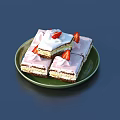 Square Strawberry Cream Cake Pieces With White Cream And Chocolate Base On Green Plate