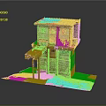 Two Story Building Model With Yellow Brown Exterior Red Window Frames Extended Platform Green Moss