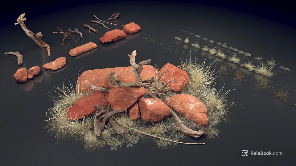 Natural Desert Landscape With Red Stones Dry Branches And Dry Grass On Dark Background 3d model 