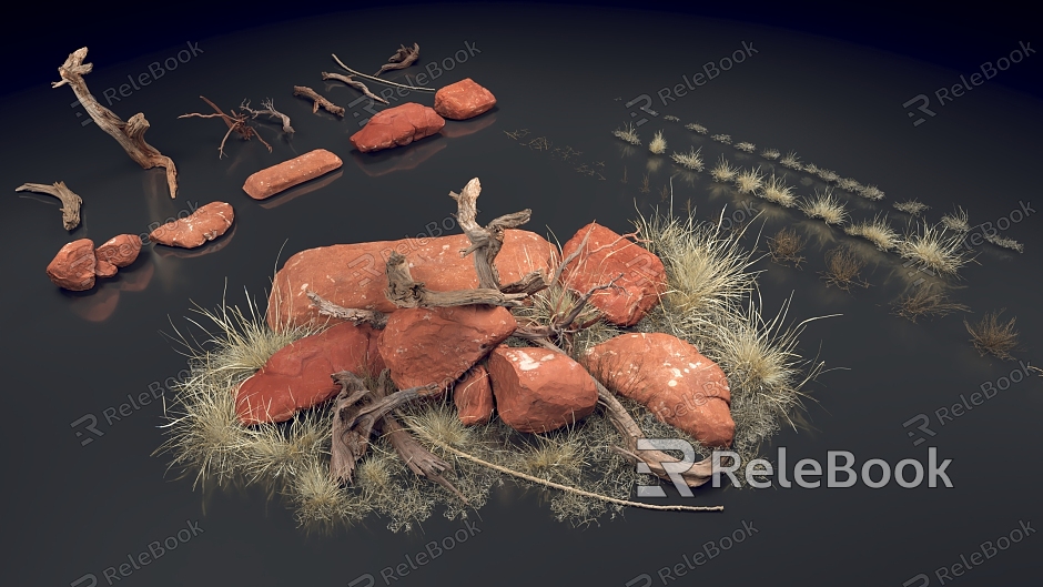 modern gobi wilderness rock weeds dead wood brick model