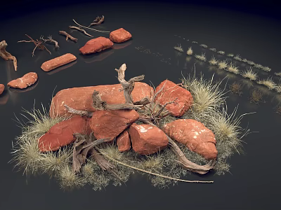 Natural Desert Landscape With Red Stones Dry Branches And Dry Grass On Dark Background 3d model