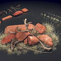 Natural Desert Landscape With Red Stones Dry Branches And Dry Grass On Dark Background