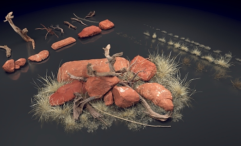 modern gobi wilderness rock weeds dead wood brick 3d model