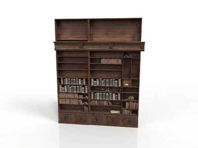 Vintage Dark Wooden Bookshelf With Multiple Shelves Books And Bottom Drawers 3d model