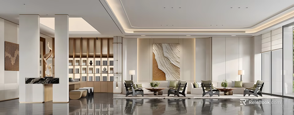Modern Hotel Corridor Interior Design With Decorative Artwork Bookshelf Sofa And Marble Floor 3d model 