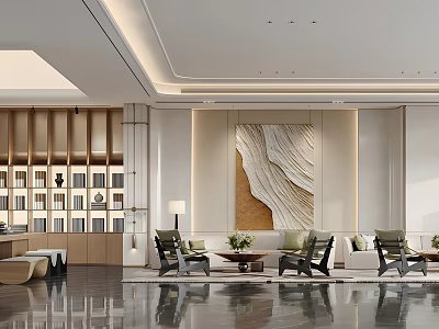 Modern Hotel Corridor Interior Design With Decorative Artwork Bookshelf Sofa And Marble Floor 3d model
