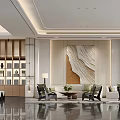 Modern Hotel Corridor Interior Design With Decorative Artwork Bookshelf Sofa And Marble Floor