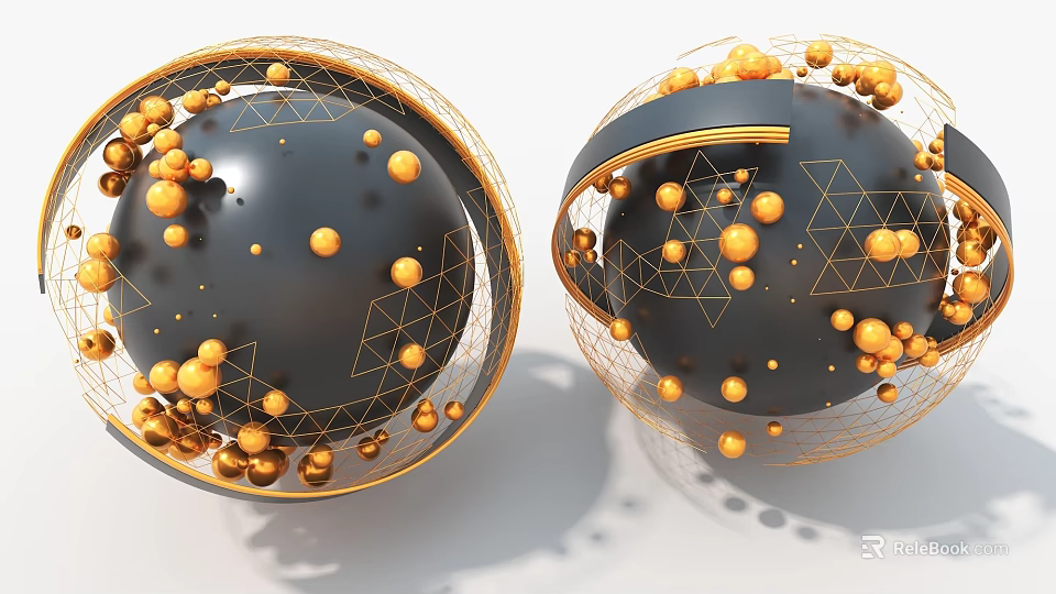Modern Art Installation Featuring Black Spheres With Golden Geometric Lines And Small Spheres 3d model 