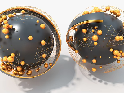 Modern Art Installation Featuring Black Spheres With Golden Geometric Lines And Small Spheres 3d model