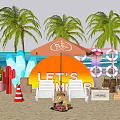 Summer Beach Scene With Orange Umbrella White Lounge Chairs Fire Pit And Palms
