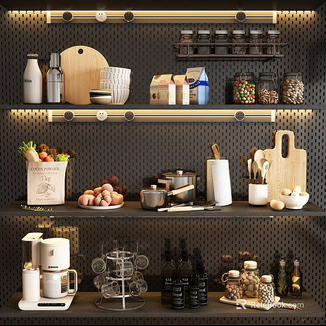 Organized Kitchen Shelves With Cookware And Groceries 3d model