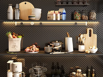 Organized Kitchen Shelves With Cookware And Groceries 3d model