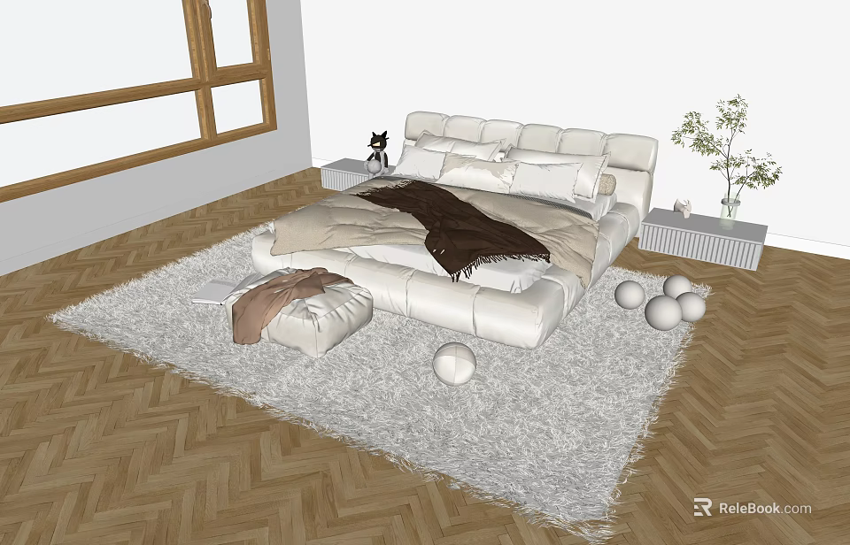 White Double Bed With Brown Blanket Pillows Cat On Herringbone Wooden Floor And White Rug 3d model 