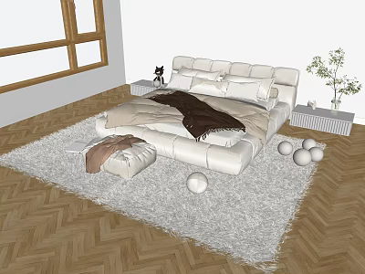 White Double Bed With Brown Blanket Pillows Cat On Herringbone Wooden Floor And White Rug 3d model