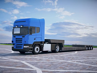 Blue Flatbed Truck Parked on Open Paved Ground with Blue Sky and Clouds 3d model