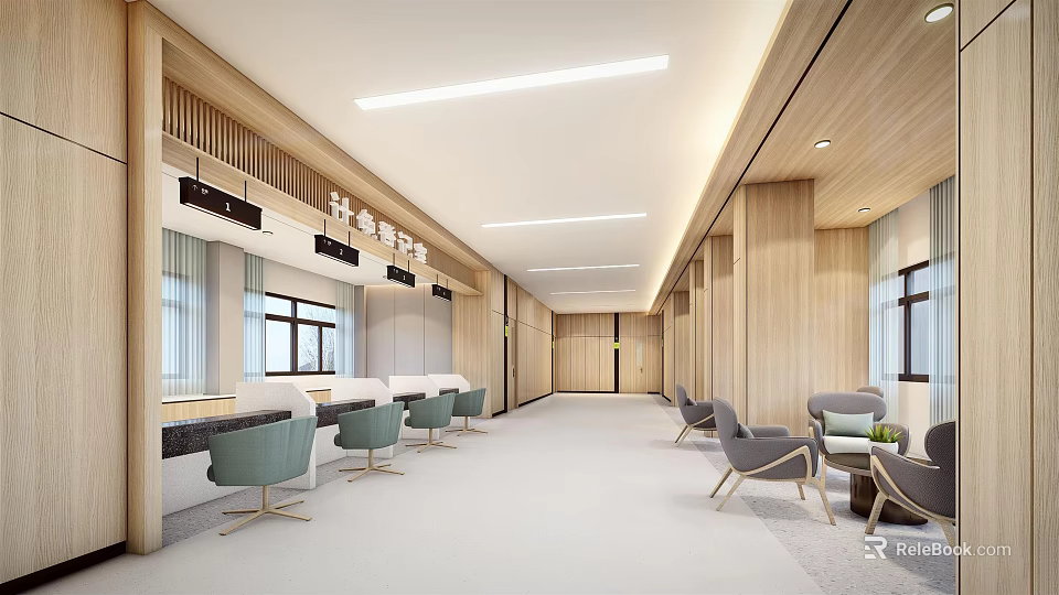 Hospital Outpatient Clinic Spacious Layout With Wooden Walls Comfortable Seating Reception Desk And Bright Lighting 3d model 