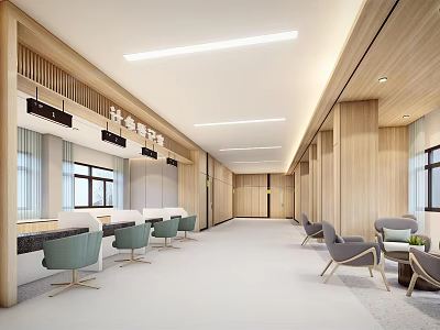 Hospital Outpatient Clinic Spacious Layout With Wooden Walls Comfortable Seating Reception Desk And Bright Lighting 3d model