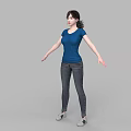 Woman in Blue T-shirt and Jeans Standing with Arms Outstretched on Gray Background