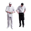 Male Chefs In Chef Uniforms One With White Hat Holding Bowl Another Adjusting Black Apron