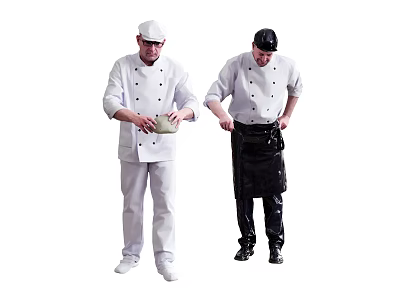 Male Chefs In Chef Uniforms One With White Hat Holding Bowl Another Adjusting Black Apron 3d model