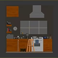 Wooden Kitchen Interior Design With Cabinets Microwave Oven Range Hood Window And Stool