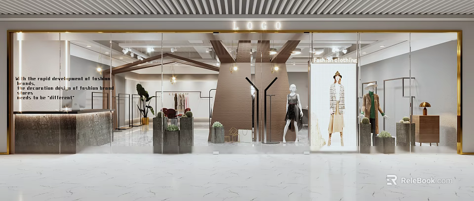 Modern Clothing Store Front With Glass Facade Mannequins Display Racks And Floral Decor 3d model 