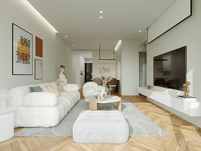 Modern Living and Dining Room Interior With White Sofa Round Coffee Table And TV Wall 3d model