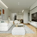 Modern Living and Dining Room Interior With White Sofa Round Coffee Table And TV Wall