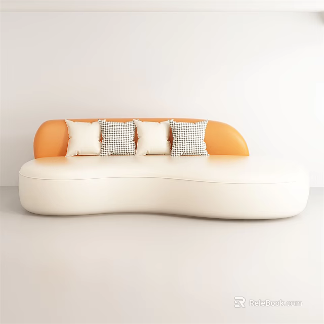 Multi person Sofa in White and Orange with Curved Design and Plaid Solid Pillows 3d model