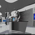 Modern High Tech Exhibition Hall Featuring Curved Design Blue Lighting Display Stands And Interactive Screens