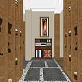 Elevator Hallway Design With Wooden Elements Brick Wall Vases Green Plants And Gray Floor Tiles