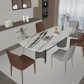 Modern Kitchen Dining Table Set With White Marble Top Brown Beige Chairs And Cabinets Plant