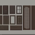 Dark Brown Wooden Door Panels with Various Designs Including Glass Inserts Carvings and Grid Patterns
